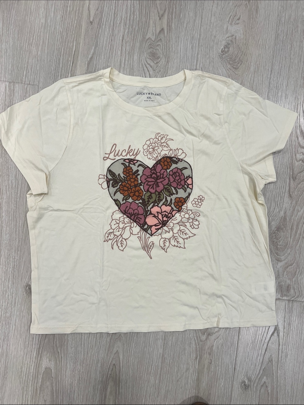 Lucky Brand Cream Tee with Pink & Mauve Floral Heart